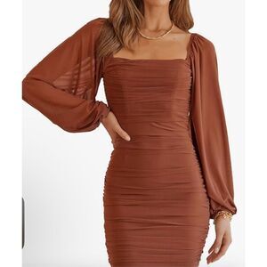 NEW Square Neck Lantern Long Sleeve Mini Ruched Bodycon Mesh Dress M